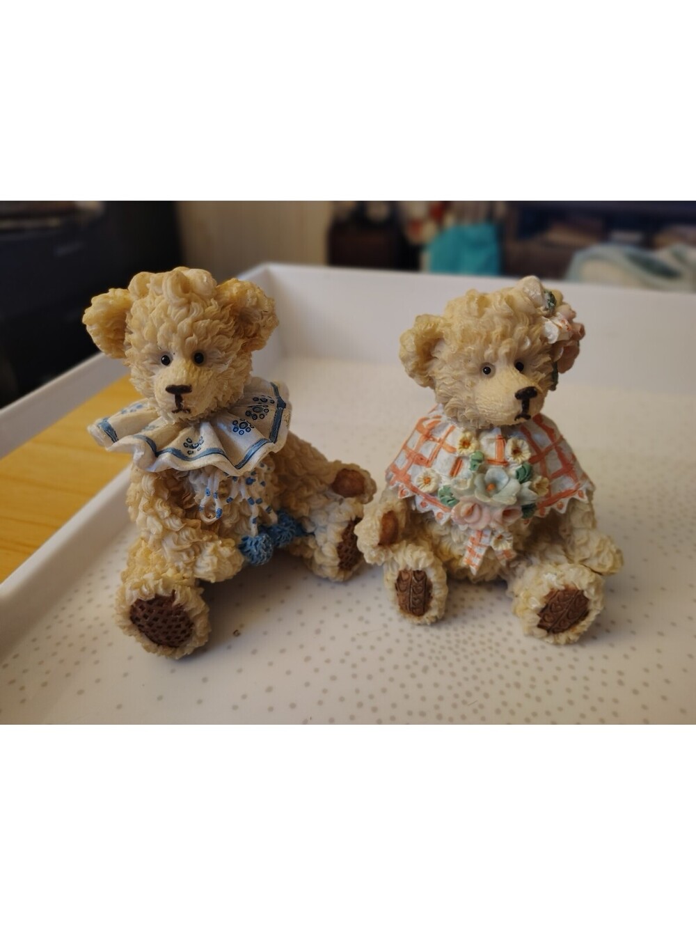 Vintage Unmarked Resin Teddy Bear Figurines Victorian Floral Blue & Pink Afghan